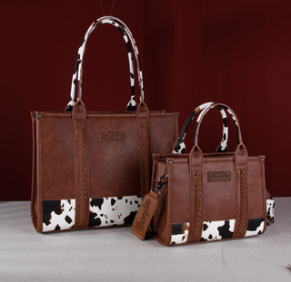 Wrangler Brown Cow Print Concealed Carry 3-Piece Tote, Crossbody, and Wallet Set