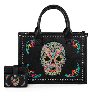 Montana West Embroidered Sugar Skull Tote/Crossbody Wallet Set