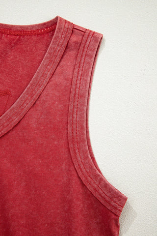 Close-up of the Canyon Sunset Tank, a red boho sunset tank with a faded, worn look and ribbed trim.