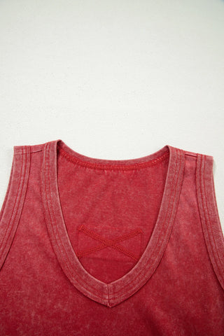 Close-up of the Canyon Sunset Tank, a boho sunset red tank with a v-neck and textured fabric.