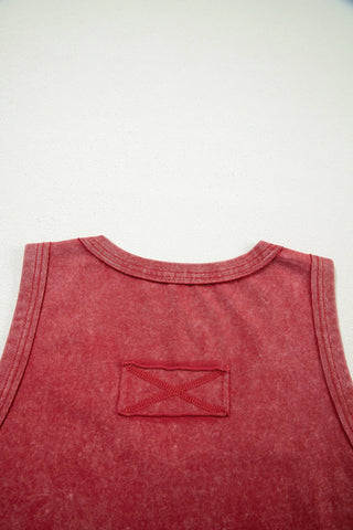 Close-up of the back of a Canyon Sunset Tank, a boho sunset red tank with a unique stitched detail.