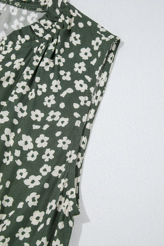 Close-up of the Cloverfield Mini Dress, showing the olive floral mini dress fabric with white flower print.