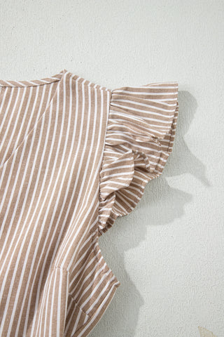 Close-up of the Daisy Lane Maxi Dress, showing the brown and white striped fabric with ruffled sleeves.