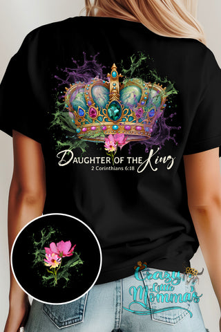 Back of a black tee with a jeweled crown, "Daughter of The King," and "2 Corinthians 6:18" text.