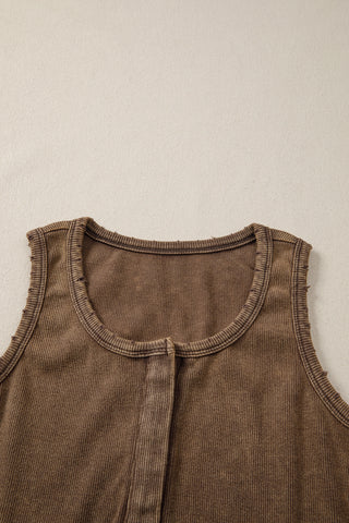 Close-up of a brown Desert Mesa Ribbed Tank with a Henley neckline and distressed edges.
