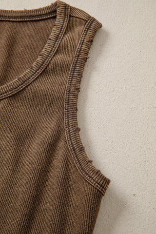 Close-up of a brown Desert Mesa Ribbed Tank, showing the ribbed texture and distressed trim details.
