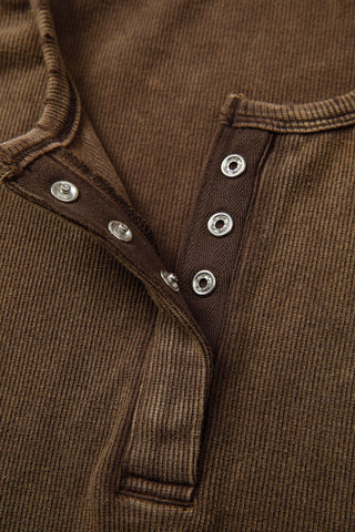 Close-up of a brown Desert Henley Ribbed Tank with a snap button placket.