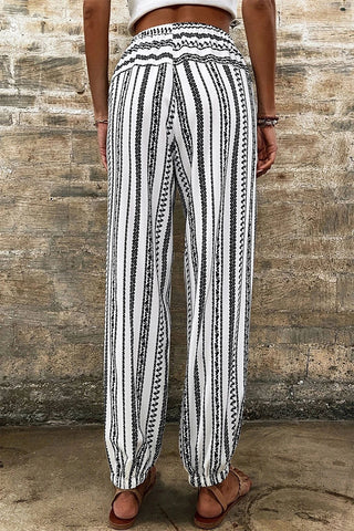 Desert Wanderer Striped Pants, black and white boho striped lounge pants with smocked waist.
