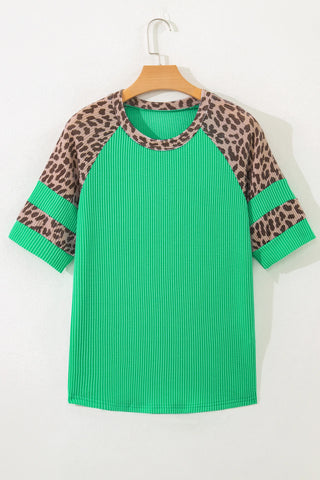 Leopard raglan ribbed top with a bright green body and leopard print sleeves with green stripes.