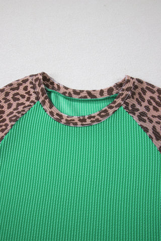 Close-up of a Desert Cat Ribbed Top with a green ribbed body and leopard print raglan sleeves and collar.