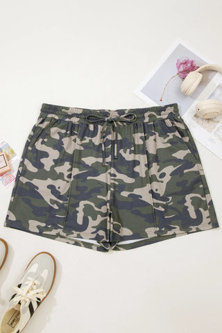 Desert Trail Camo Shorts with an elastic waist, drawstring, and pockets, laid flat on a white surface.
