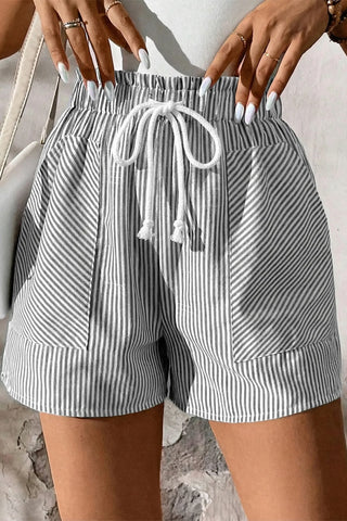 Close-up of Fresh Linen Stripe Shorts with a white drawstring, elastic waist, and pockets.