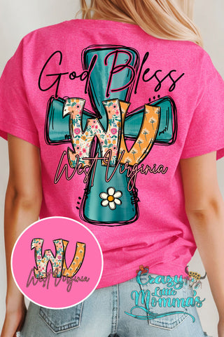 Back of a pink Christian tee with "God Bless WV" in a cross design, featuring floral patterns.