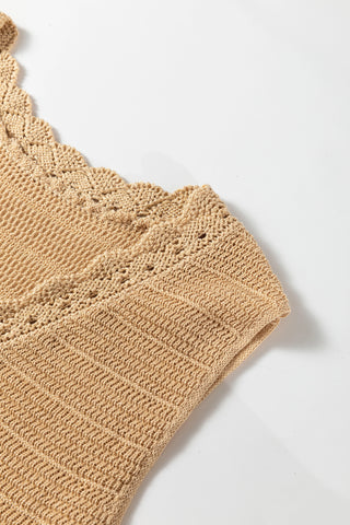 Close-up of a golden hour sleeveless crochet knit tank top with scalloped trim and textured knit details.