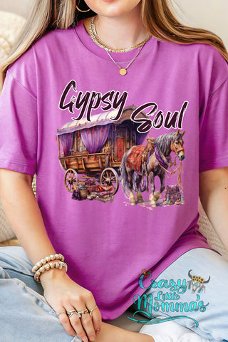 Purple Bohemian Wagon Graphic Tee with "Gypsy Soul" text, featuring a horse-drawn wagon.