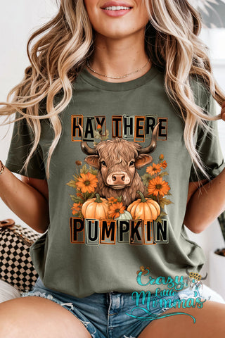 A woman wears a Fall Highland Cow Tee with "Hay There Pumpkin" text, a cow, pumpkins, and flowers.
