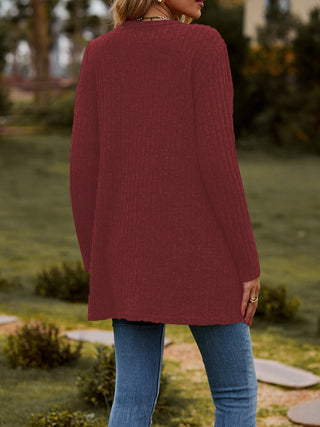 Back-view of the Red Homestead Ribbed Cardigan