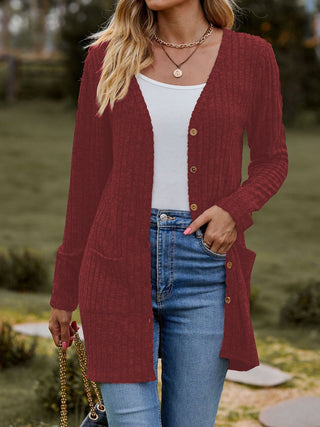 Front of the Red Homestead Ribbed Cardigan