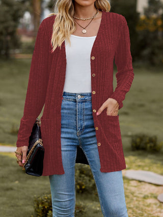 A look of the Red Homestead Ribbed Cardigan open in the front