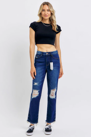 Backroad Belle wearing Judy Blue High Waist Rigid Magic Straight Fit Dark Wash Jeans