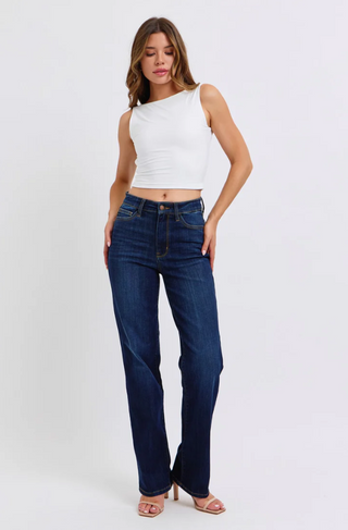 Model wearing Judy Blue High Waist Straight Western Jeans