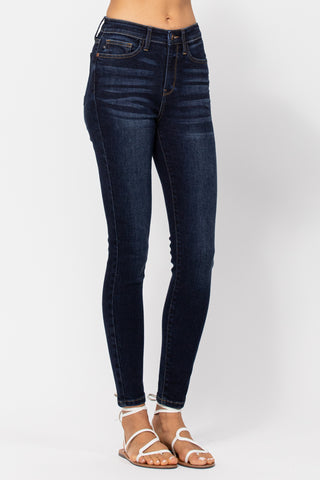 Judy Blue Mid Rise Skinny Fit Dark Wash Jeans on a white background