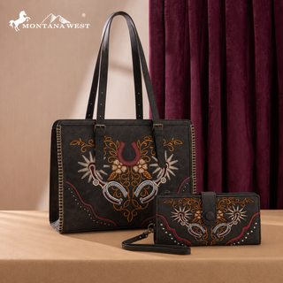 Montana West Black Western Embroidered Tote and Wallet Set