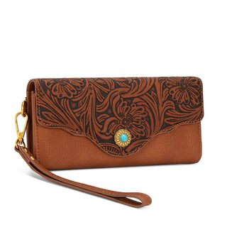 Montana West Brown Western Tooled Floral Satchel and Wallet Set