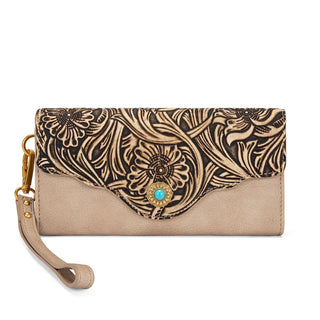 Montana West Tan Western Tooled Floral Satchel and Wallet Set
