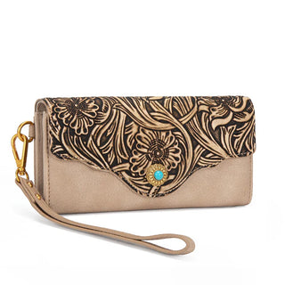 Montana West Tan Western Tooled Floral Satchel and Wallet Set