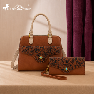 Montana West Brown Western Tooled Floral Satchel and Wallet Set