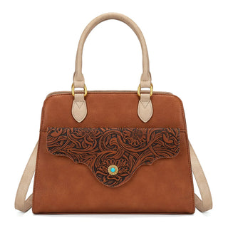 Montana West Brown Western Tooled Floral Satchel and Wallet Set
