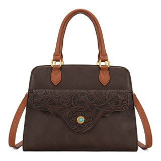Montana West Coffee Western Tooled Floral Satchel and Wallet Set