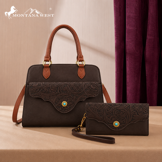 Montana West Coffee Western Tooled Floral Satchel and Wallet Set