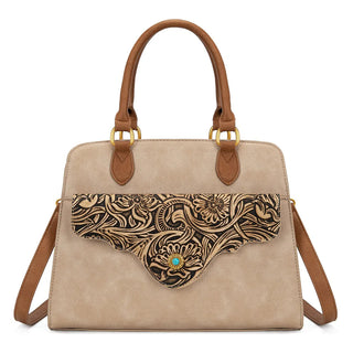 Montana West Tan Western Tooled Floral Satchel and Wallet Set