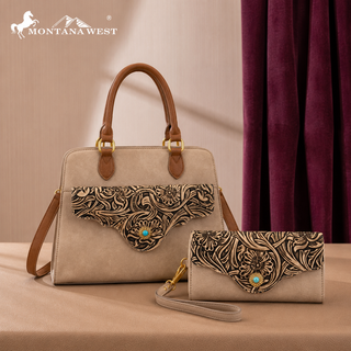 Montana West Tan Western Tooled Floral Satchel and Wallet Set