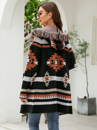 Woman wearing Black Aztec Hooded Cardigan back.
