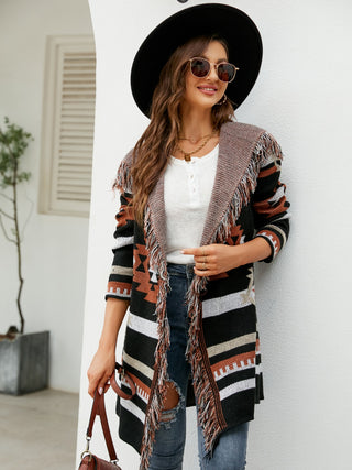 Woman wearing Black Aztec Hooded Cardigan front.
