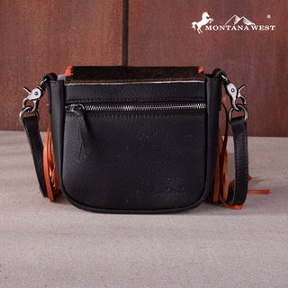 Montana West Cowhide Fringe Crossbody Purse in black leather with orange fringe and a cowhide flap.