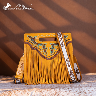 Montana West yellow fringe crossbody purse with turquoise embroidery, studs, and a branded strap.