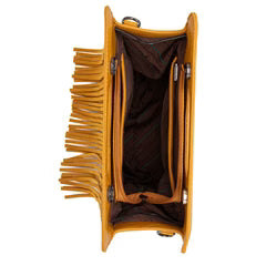 Top-down view of a mustard yellow Montana West crossbody purse with fringe and an open interior.