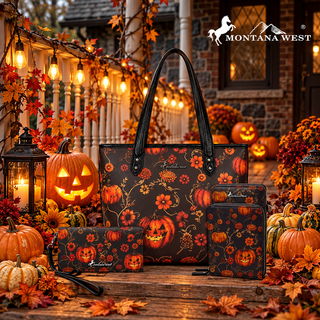 Montana West Pumpkin Halloween 3pc Set: tote, wallet, and cardholder with pumpkin and floral print.