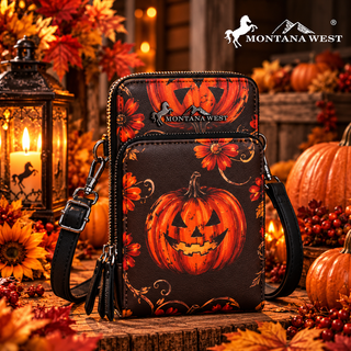 Montana West Pumpkin Halloween 3pc Set: dark brown crossbody bag with jack-o'-lanterns and fall flowers.