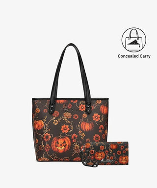 Montana West 3pc Halloween set: tote bag, wallet, and wristlet with pumpkin and floral print.