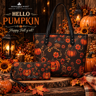Montana West Halloween 3pc set: tote bag, wallet, and keychain with pumpkin and floral print.