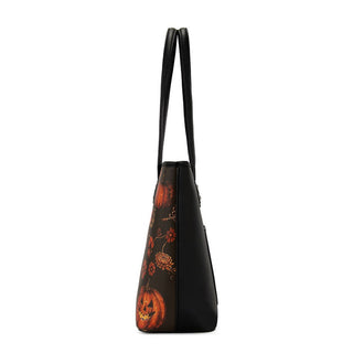 Side view of the Montana West Pumpkin Floral Halloween Tote. It features a black base with pumpkin and floral print.
