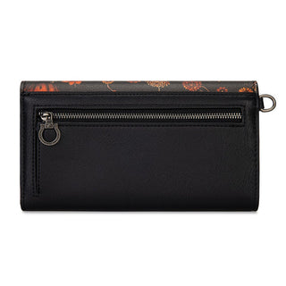 Back of a black wallet with a top flap featuring a pumpkin floral pattern, a zippered pocket, and a D-ring.