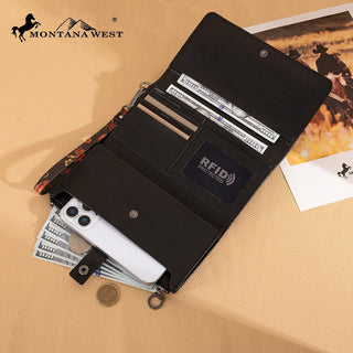 Open black wallet with cash, cards, and a phone inside, showcasing its RFID protection and storage.