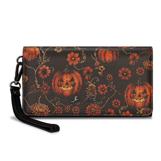 Montana West Pumpkin Floral Halloween Wallet with a black wrist strap, featuring jack-o'-lanterns and orange flowers.