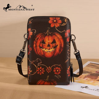 Montana West Halloween crossbody phone wallet with a jack-o'-lantern and floral design on a dark background.